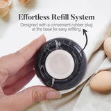 Hand holding a cylindrical product with text about an effortless refill system.