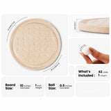 Product information graphic for a massage board set, showing a beige textured round board with dimension callouts for diameter and height, a close-up of the board edge, a hand holding a white massage ball, and text stating the set includes 42 massage balls and 1 board.