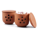 Two terracotta containers with garlic inside on a white background