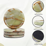 Marble-patterned coaster set with features highlighted on a white background