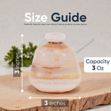 Size guide of a small container with measurements and capacity details on a wooden surface.