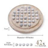 Round stone surface with white marble balls and measurements on a white background