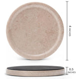 Round beige stone coaster with dimensions on a white background