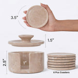 Set of beige coasters with holder and dimensions displayed