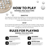 Instructions on how to play Marble Peg Solitaire with text and marble images.