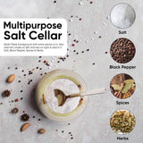 Salt cellar with a spoon surrounded by salt, black pepper, spices, and herbs on a textured surface.