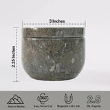 Marble-textured container with dimensions and features on a white background