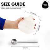 A hand holds a marble salt cellar with dimension labels showing 4 inches in width and 4 inches in height. Below, a stainless steel spoon is shown labeled 5 inches for scale.
