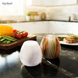Two decorative salt and pepper shakers from Earther Crafts on a black marble kitchen countertop.
