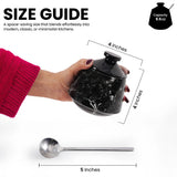 Size guide showing a hand holding a black container, a spoon, and measurements, with 'Earthen Crafts' branding.