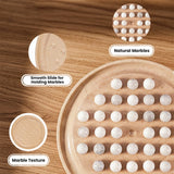 A marble game board with white marble balls arranged on it, shown on a wood surface with three callout circles labeled 'Natural Marbles,' 'Smooth Slide for Holding Marbles,' and 'Marble Texture.'.