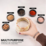Hand holding a multi-purpose container with labeled ingredients on a light background, featuring the brand 'Earthen Crafts'.