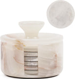 Marble-patterned coaster set with holder on a white background