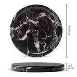 Black marble coaster with white veins on a white background, showing dimensions.