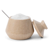 Beige marble salt cellar with lid and spoon on a white background