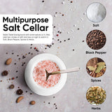 A white Multipurpose Salt Cellar bowl filled with pink Himalayan salt, shown on a light gray tabletop with scattered peppercorns and spices. A text box explains using the product, and circular insets on the right label Salt, Black Pepper, Spices, and Herbs.