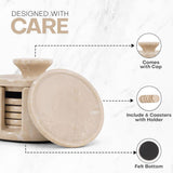 Beige coaster set with holder on a white background, featuring text about design and features.