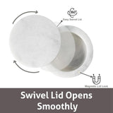 Marble container with swivel lid and magnetic lock feature on a white background