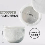 Marble-patterned container with dimensions and capacity details on a white background